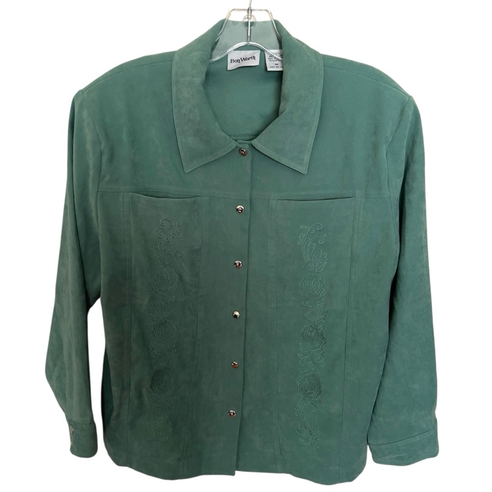 Vintage Bon Worth Green Floral Cottogecore Embroidery Button Up Blouse Size SP